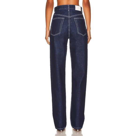 EB Denim High Rise Straight Jeans in Midnight Indigo Blue White Contrast Stitch - Picture 3 of 8